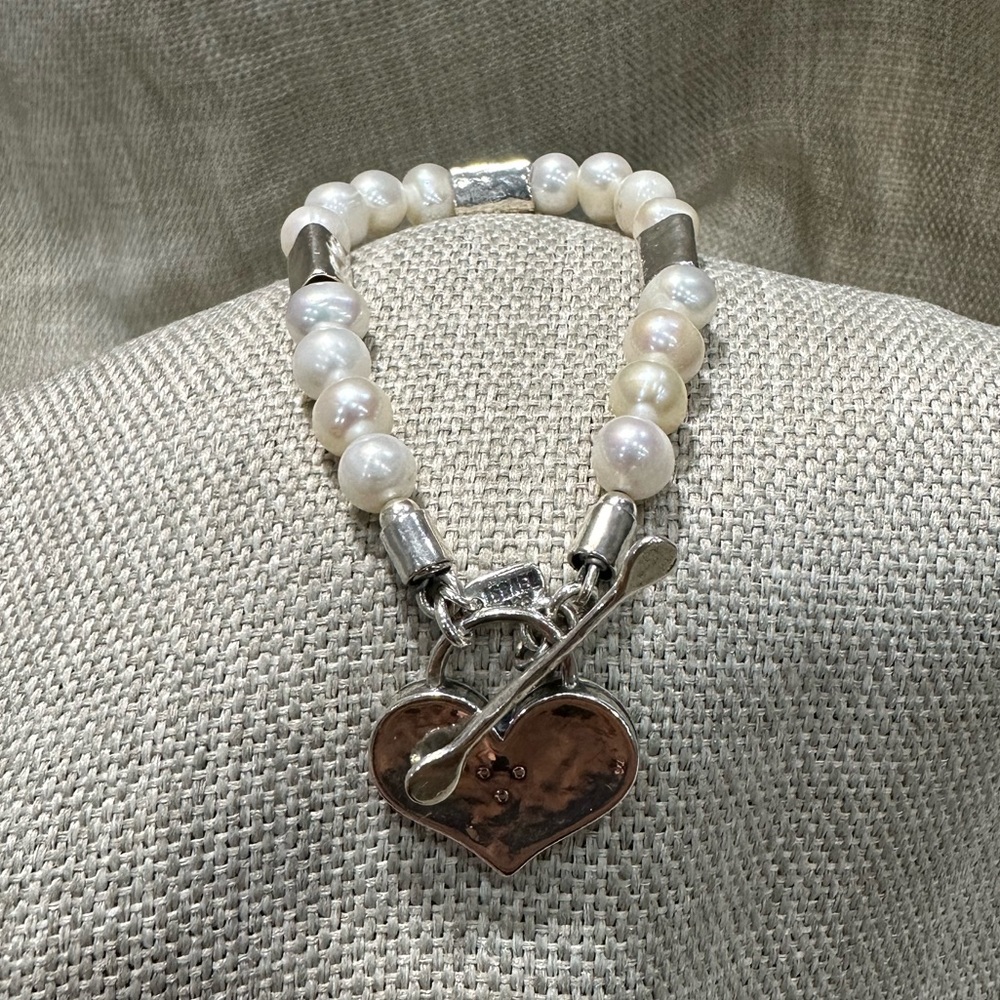 Natural near round pearl and 925 Sterling silver bracelet, artisan heart, Israel